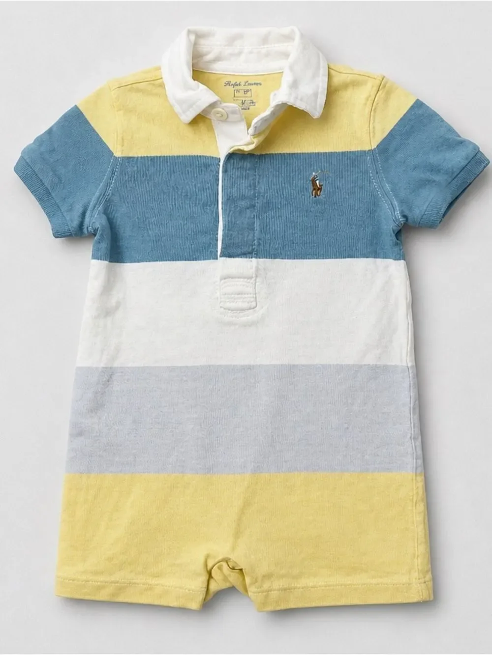Ralph Lauren yellow blue and white cotton Polo color block romper size 9 months